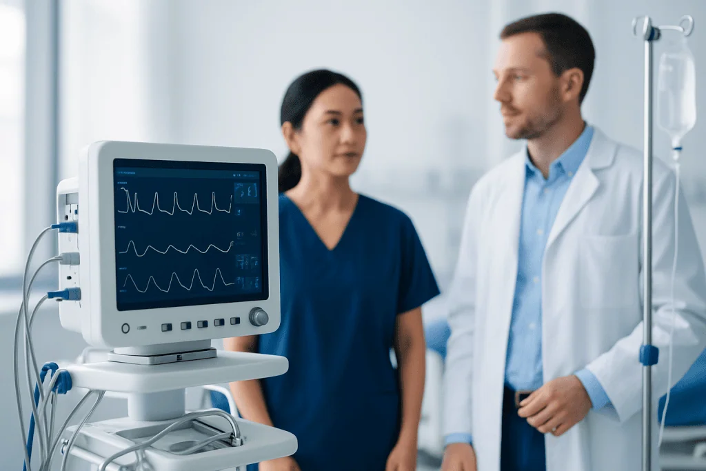 Medical professionals discussing patient monitoring in hospital setting.