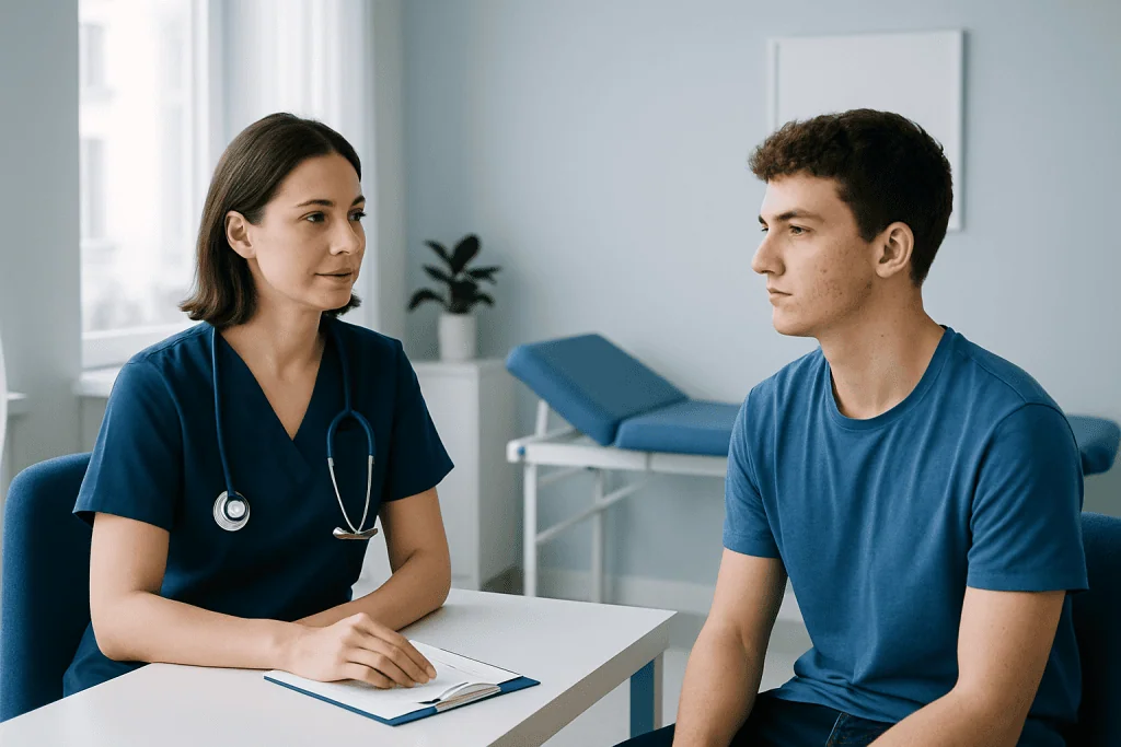 Doctor consulting a young male patient in a medical office.