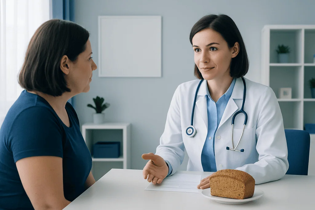 Doctor consulting patient about nutrition and health in a clinic setting.