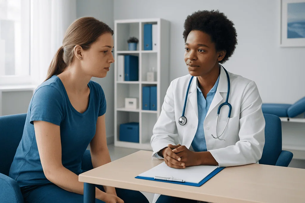 Doctor consulting with a young female patient in a medical office.