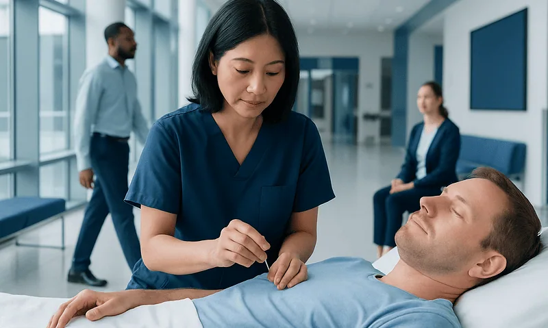 Nurse preparing to administer acupuncture to a patient in a hospital setting.
