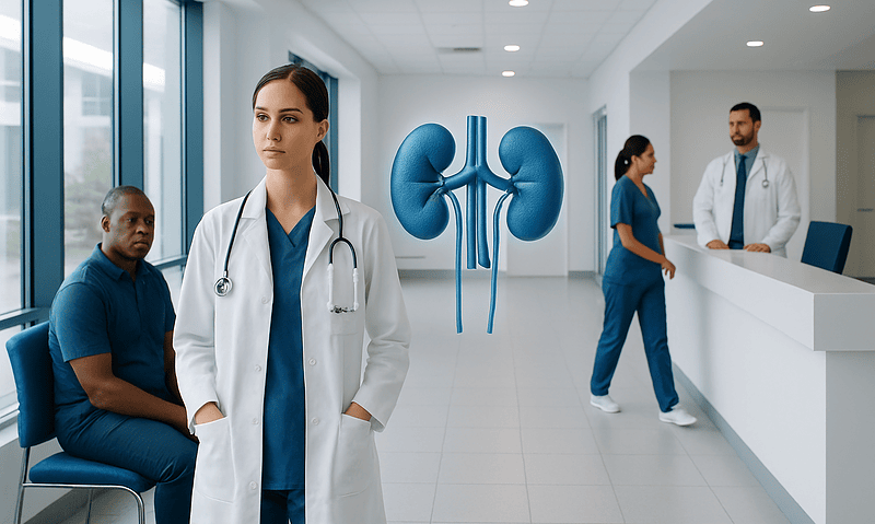 Medical team discussing kidney health in a hospital setting.