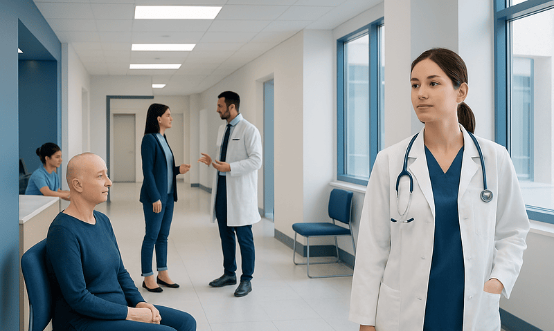 Healthcare professionals and patient in a modern hospital corridor.
