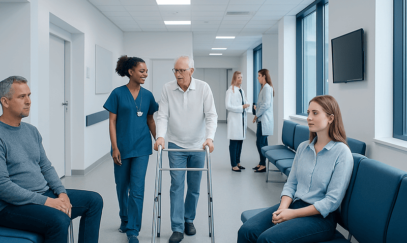 Hospital corridor with patients and medical staff engaging in care activities.