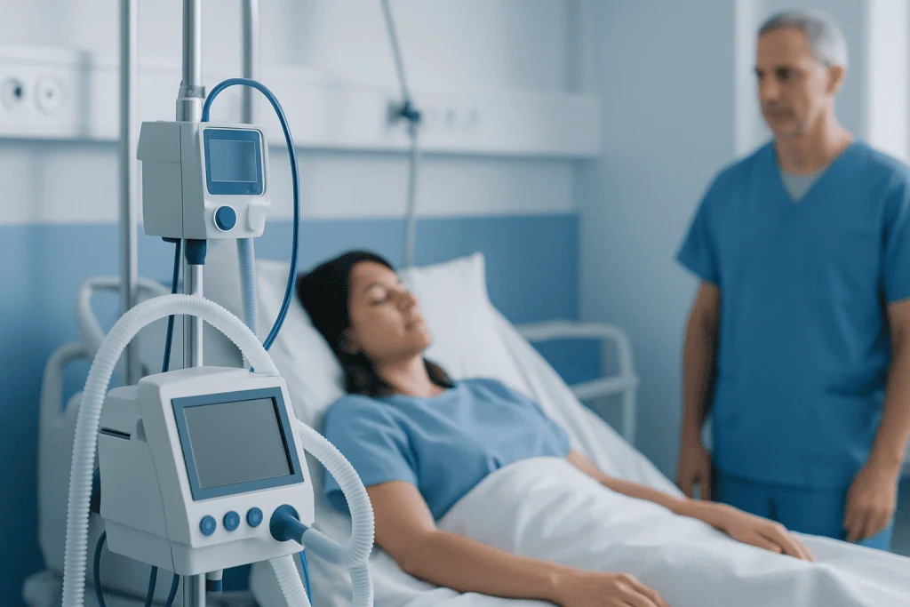 Patient in hospital bed connected to medical ventilator and monitor.
