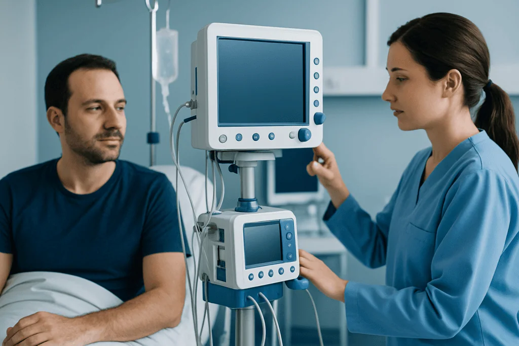 Healthcare professional monitoring patient in hospital room.