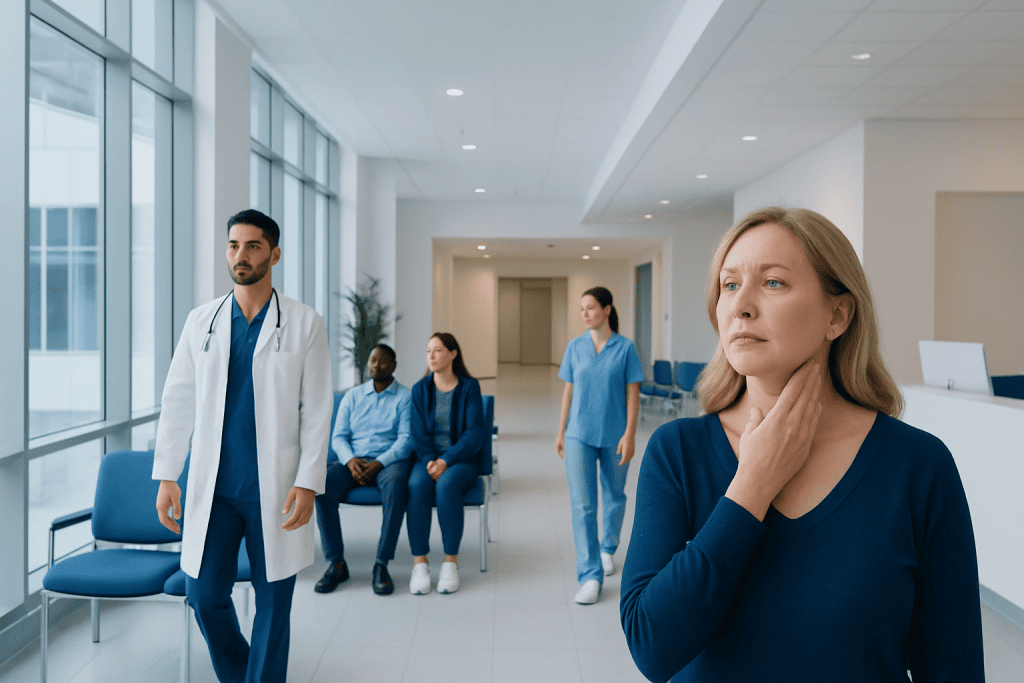 Understanding Adenopathy: A Complete Patient Guide 1 Patient with neck swelling consulting healthcare professionals at hospital.