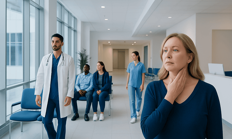 Patient with neck swelling consulting healthcare professionals at hospital.