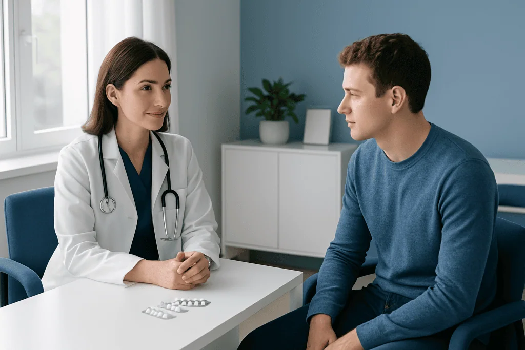 Doctor consulting with a young male patient in a medical office.