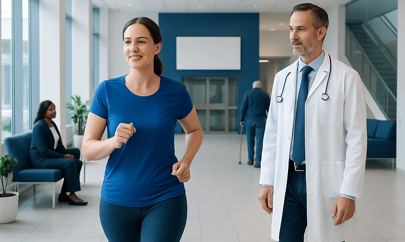 Healthy woman jogging in hospital lobby with doctor nearby.