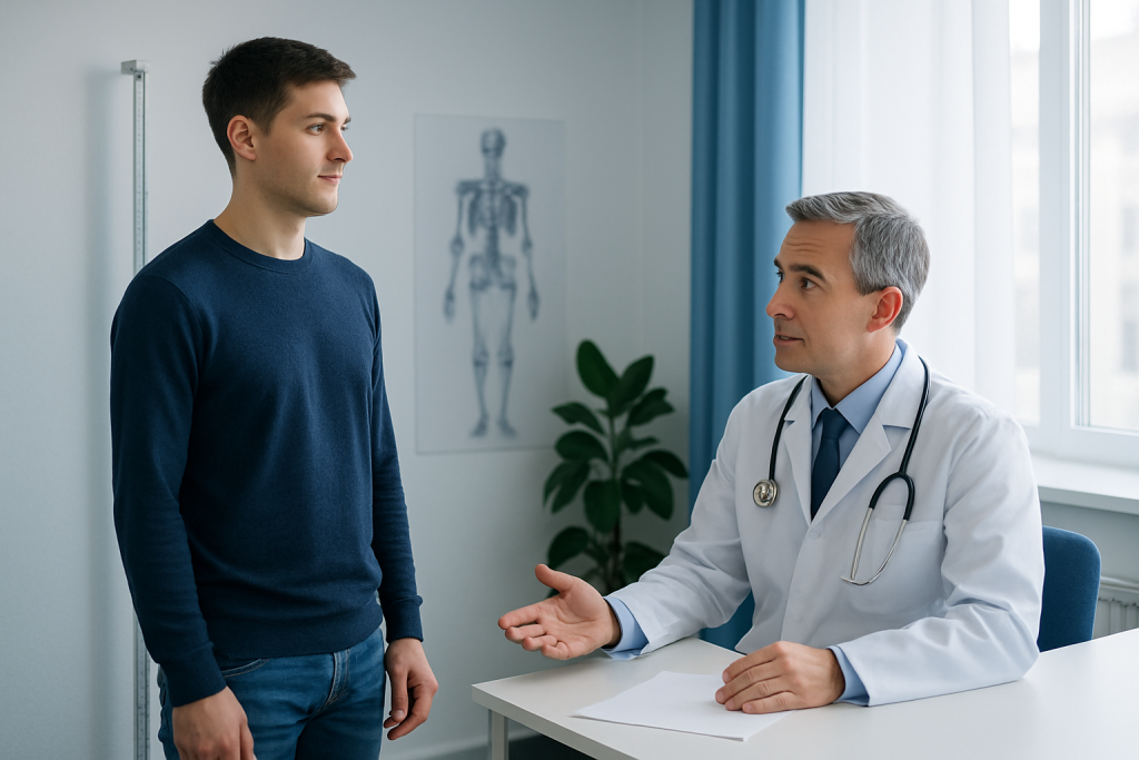 Doctor consulting with a young male patient in a medical office.
