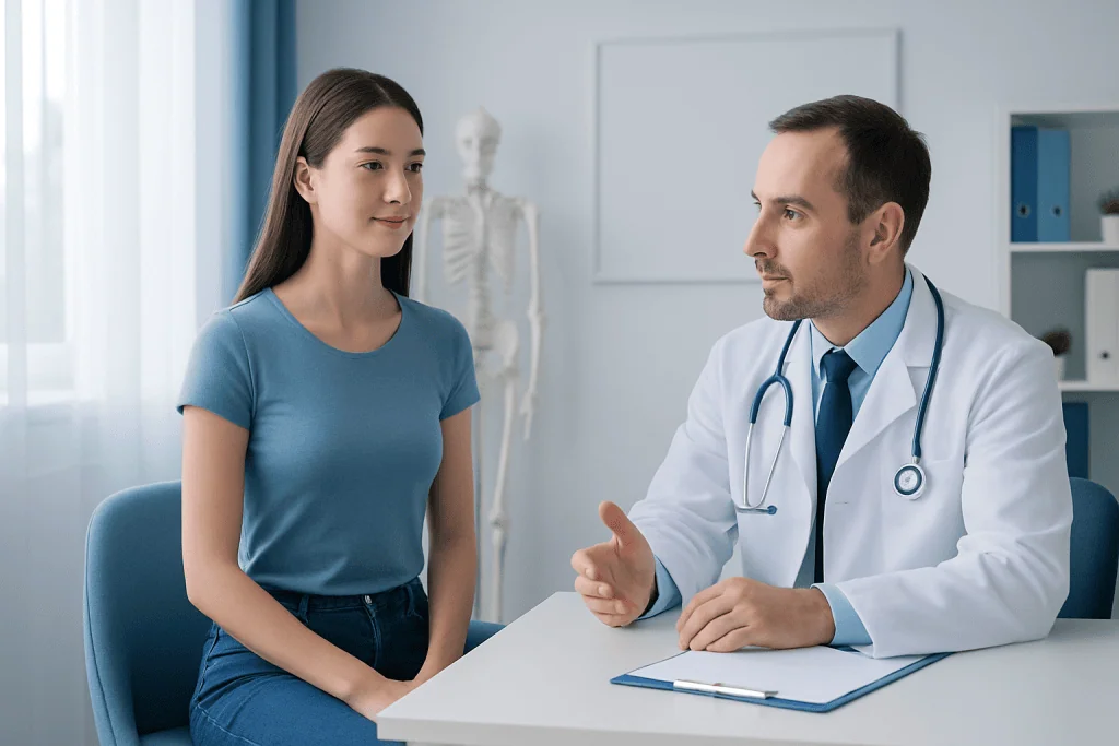 Doctor consulting with a young woman in a medical office.