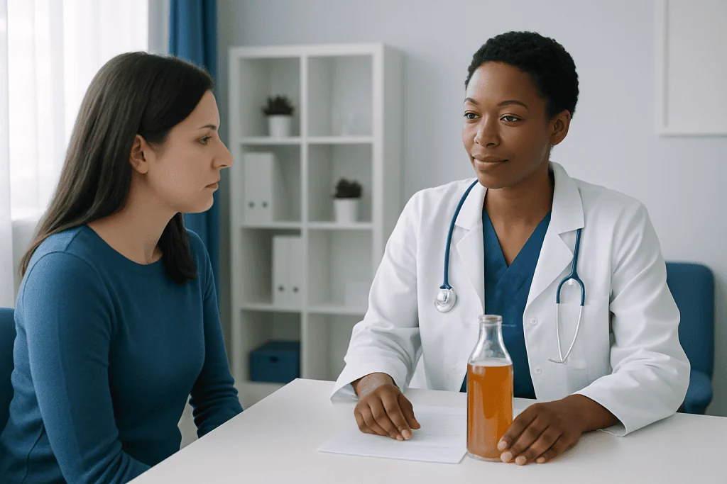 Doctor explaining kombucha tea alcohol content to patient in clinic.