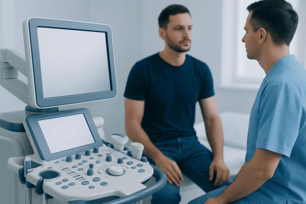 Doctor consulting patient with ultrasound machine in clinic setting.