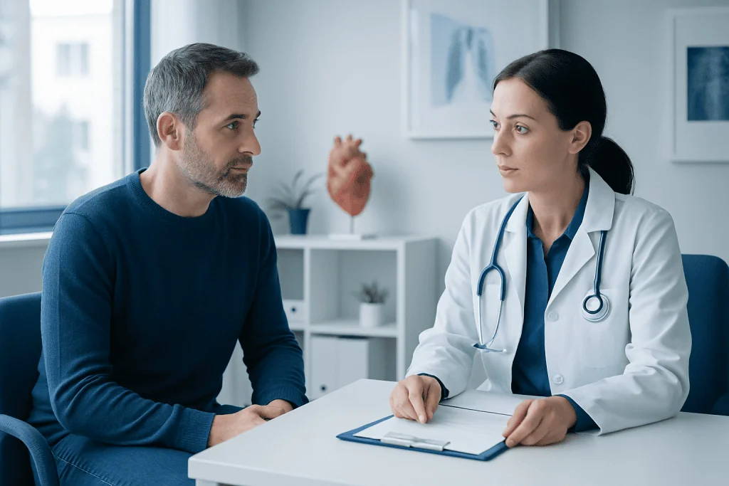 Doctor consulting with male patient in a medical office.