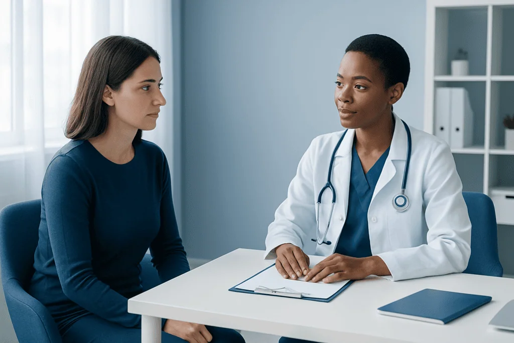 Doctor consulting with a patient in a medical office setting.