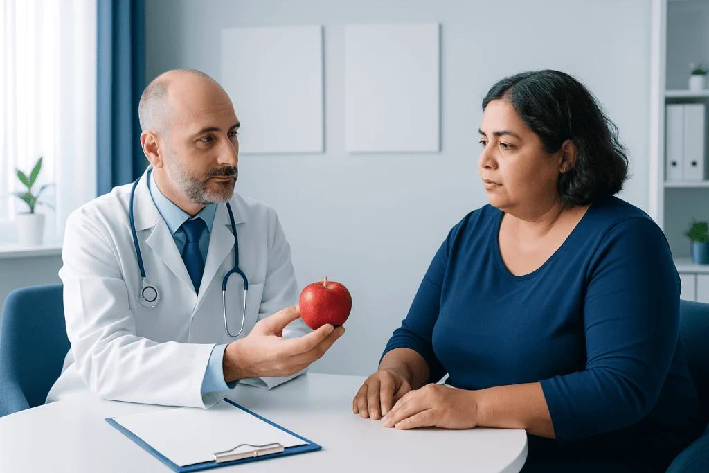 Doctor explaining apple health benefits to a patient in a clinic setting.