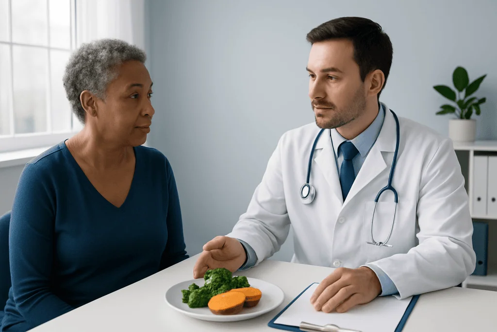 Doctor consulting with an elderly woman about healthy eating habits.