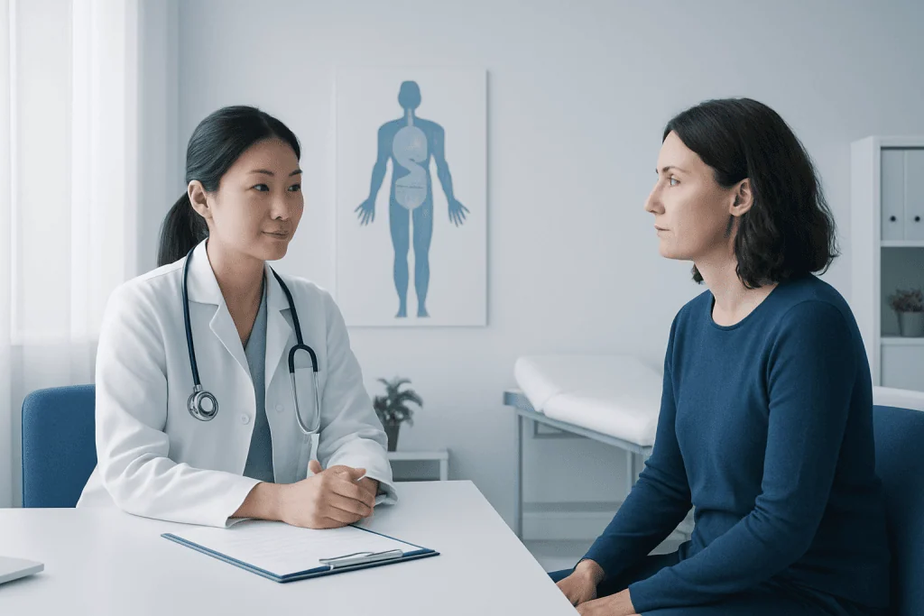 Doctor consulting with patient in medical office for health advice.