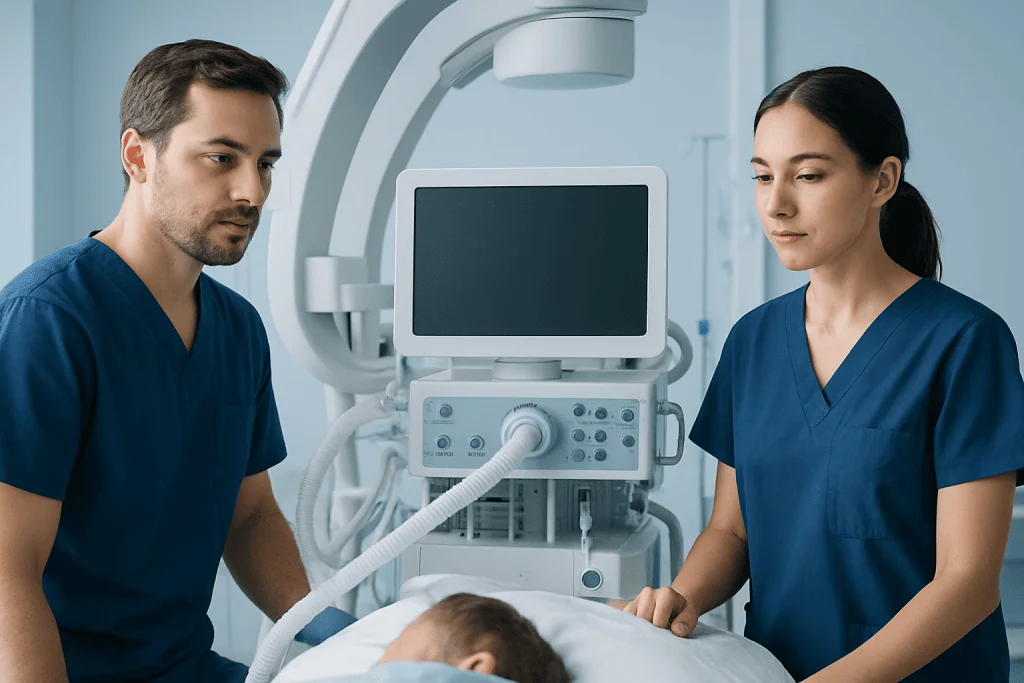 Medical professionals monitoring a patient in a hospital room with advanced equipment.