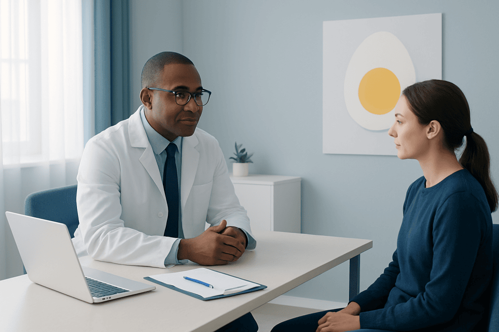Doctor consulting with a patient in a modern medical office.