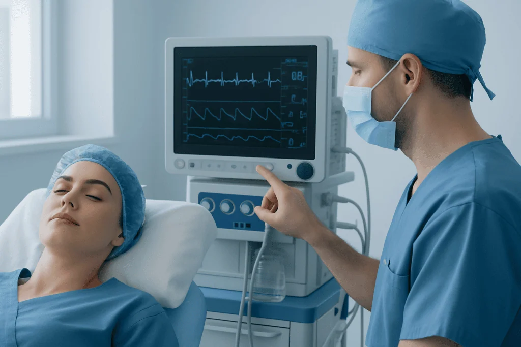 Medical professional monitoring patient during a procedure at Acibadem Hospital.