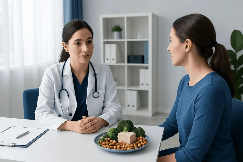 Doctor consulting patient about non-dairy calcium foods and health benefits.