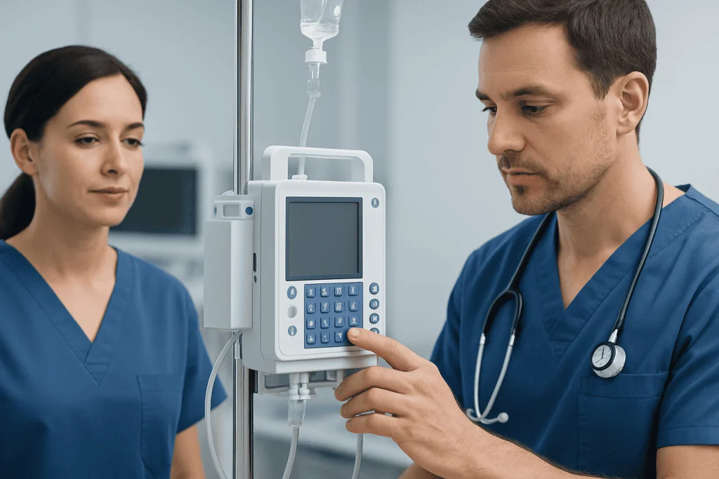 Medical professionals monitoring patient vital signs in hospital ICU.