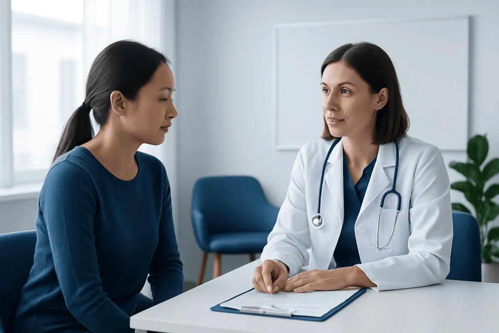 Doctor consulting with a patient in a modern medical office.