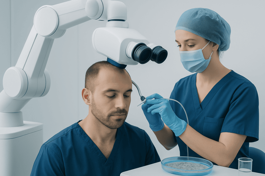 Medical professional performing hair transplant procedure with microscope.
