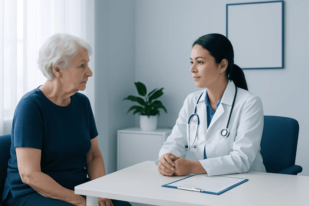 Doctor consulting with elderly woman in a medical office.