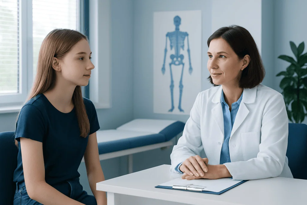 Doctor consulting with teenage girl in medical office.