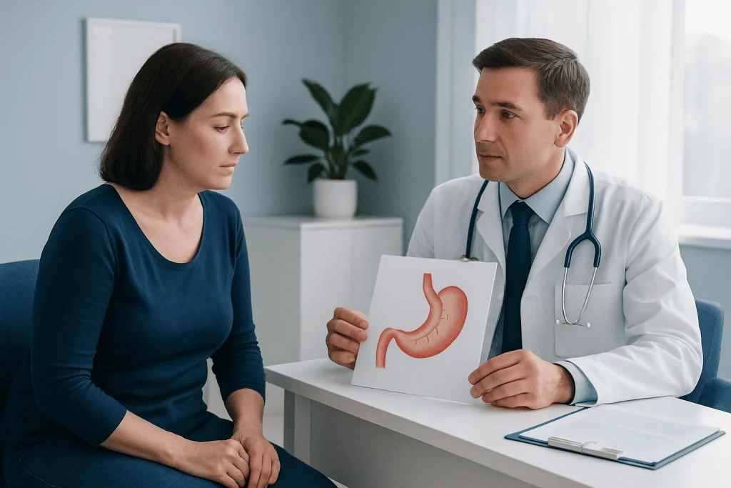 Doctor explaining gastric sleeve procedure to patient with stomach model.