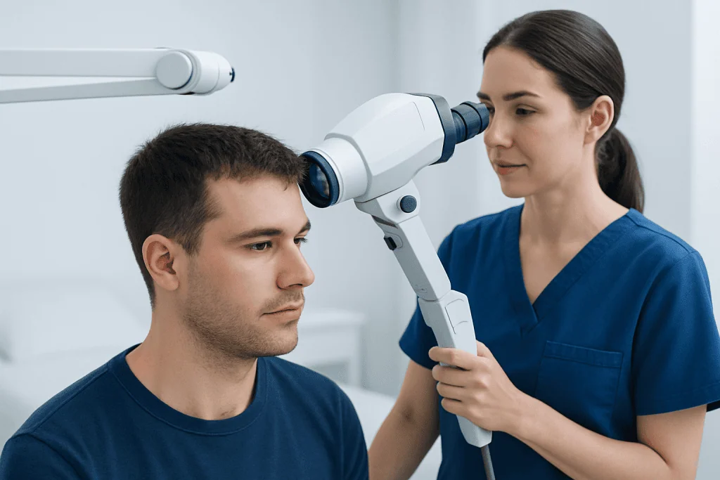 Dermatologist examining scalp with a dermatoscope for hair health assessment.