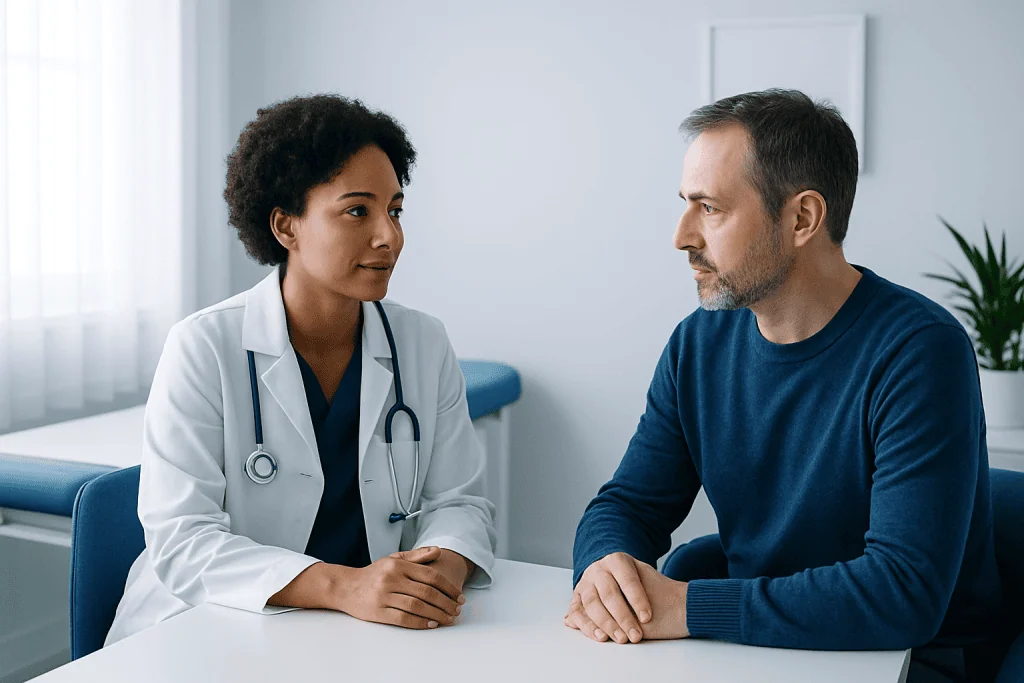 Doctor consulting with a male patient in a medical office.