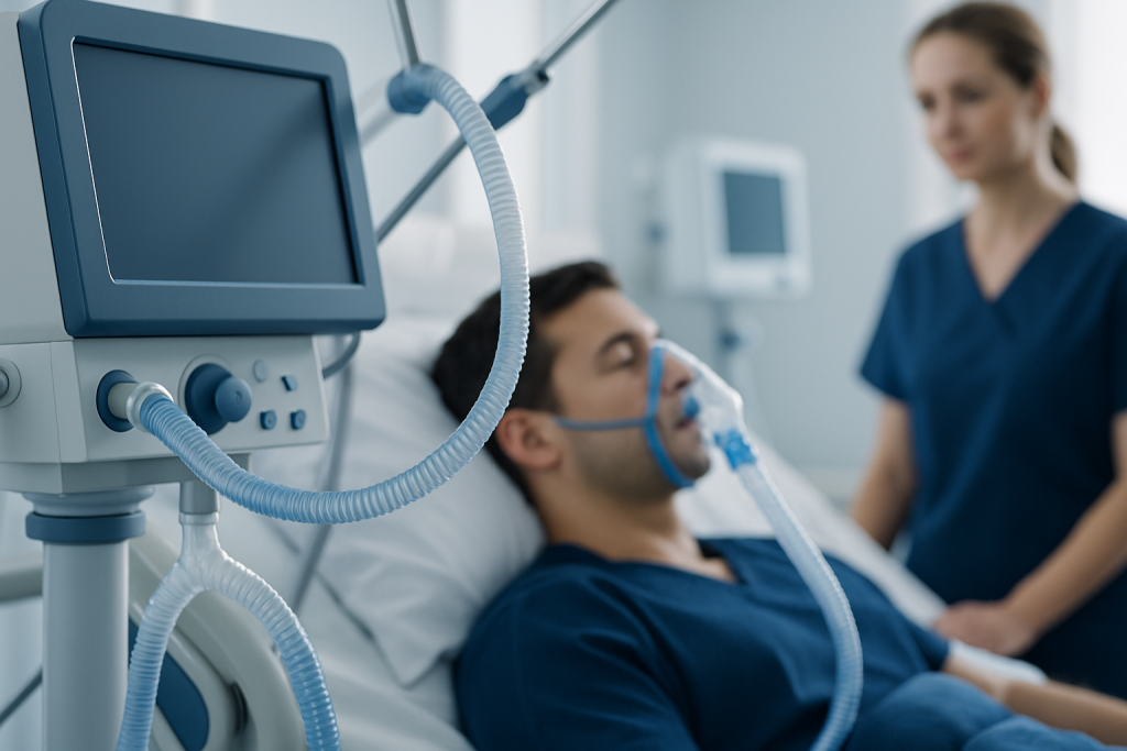 Patient on ventilator in hospital ICU with medical staff nearby.