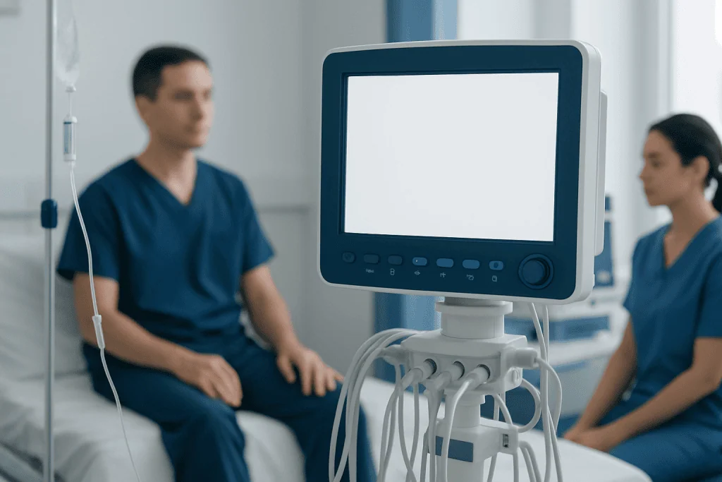 Medical consultation room with two healthcare professionals and monitoring equipment.