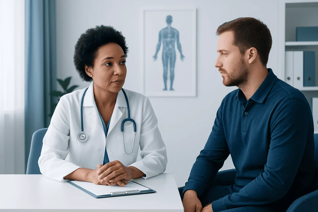 Doctor consulting with a male patient in a medical office setting.