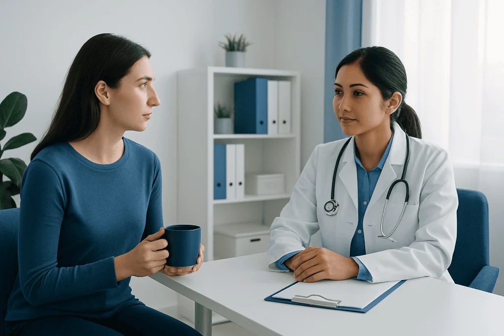 Doctor consulting with a patient about health concerns in a clinic setting.