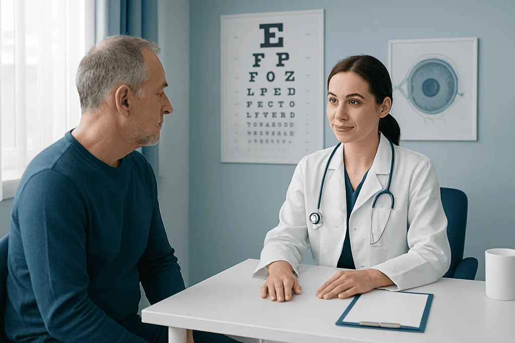 Doctor consulting with patient in a medical office setting.