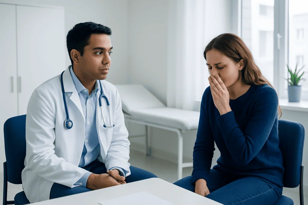 Doctor consulting a woman patient in a medical office setting.
