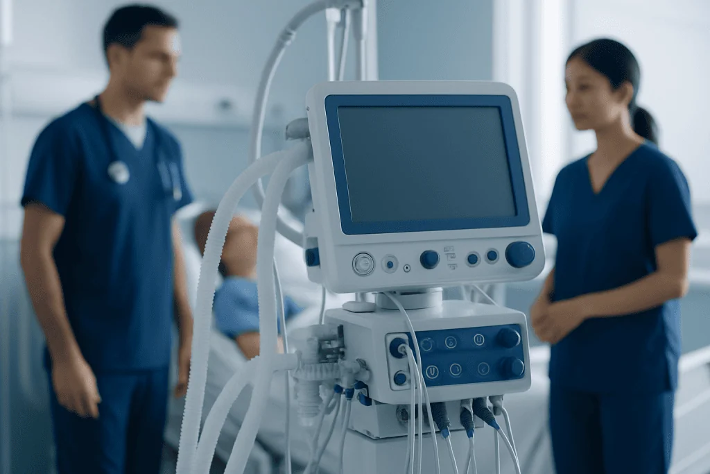 Medical staff and ventilator in hospital ICU setting.