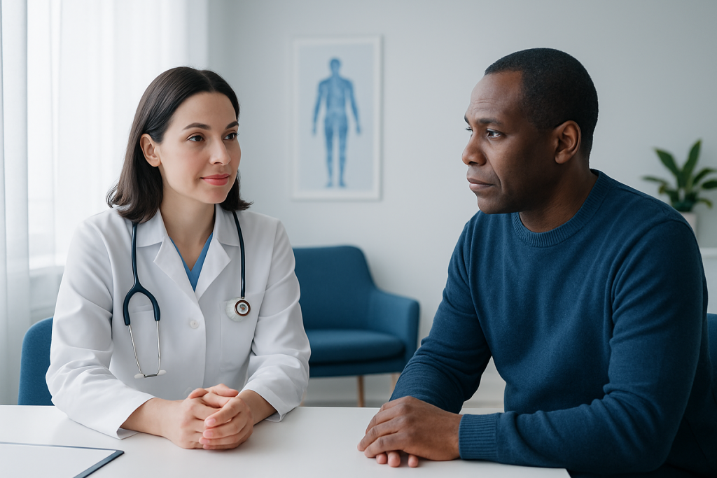 Doctor consulting with a male patient in a medical office.