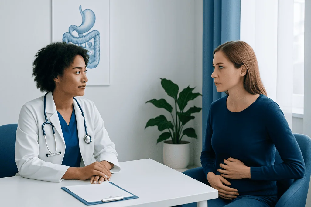 Doctor consulting with a patient about digestion in a medical office.