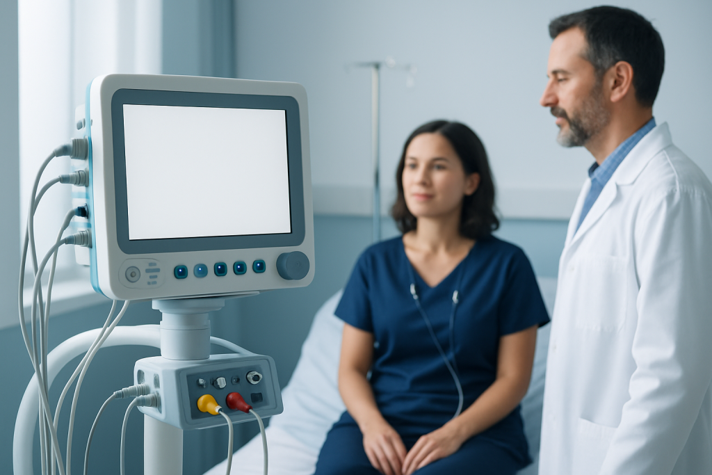 Doctor and patient in hospital room with medical monitor.
