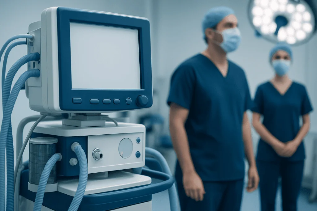 Medical ventilator machine in an operating room with surgeons in background.