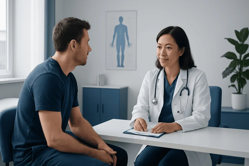 Doctor consulting with a male patient in a medical office setting.