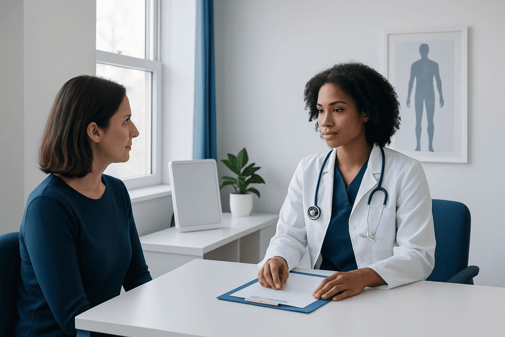 Doctor consulting with a patient in a medical office at Acibadem Hospitals Group.