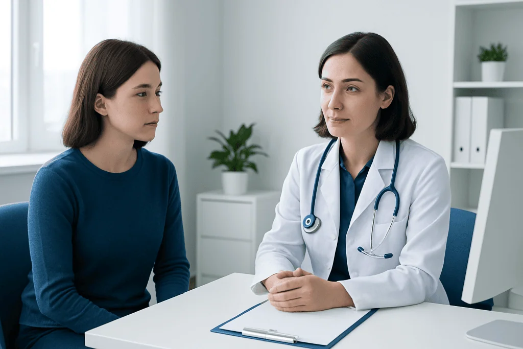 Doctor consulting with a young female patient in a modern clinic setting.