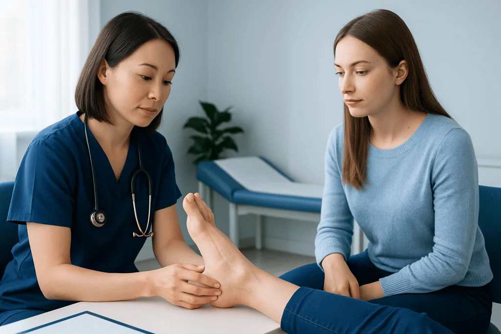 Doctor examining patient's foot in a clinical setting.